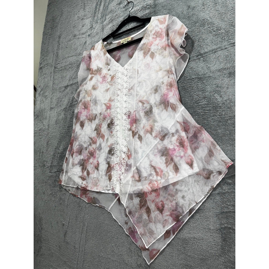 oneworld L Womens White Floral Sheer Chiffon Lace Front Boho Top