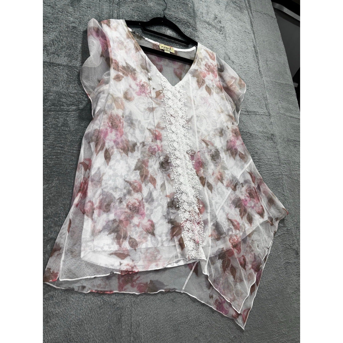 oneworld L Womens White Floral Sheer Chiffon Lace Front Boho Top