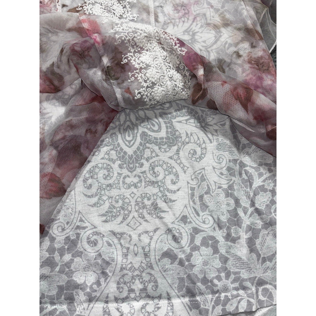 oneworld L Womens White Floral Sheer Chiffon Lace Front Boho Top