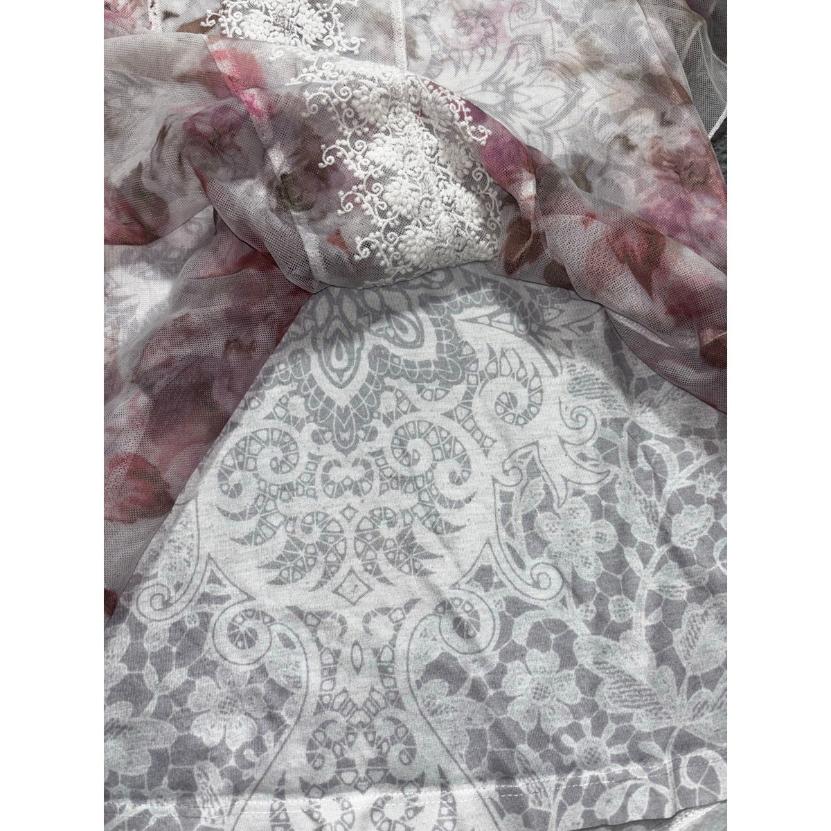 oneworld L Womens White Floral Sheer Chiffon Lace Front Boho Top