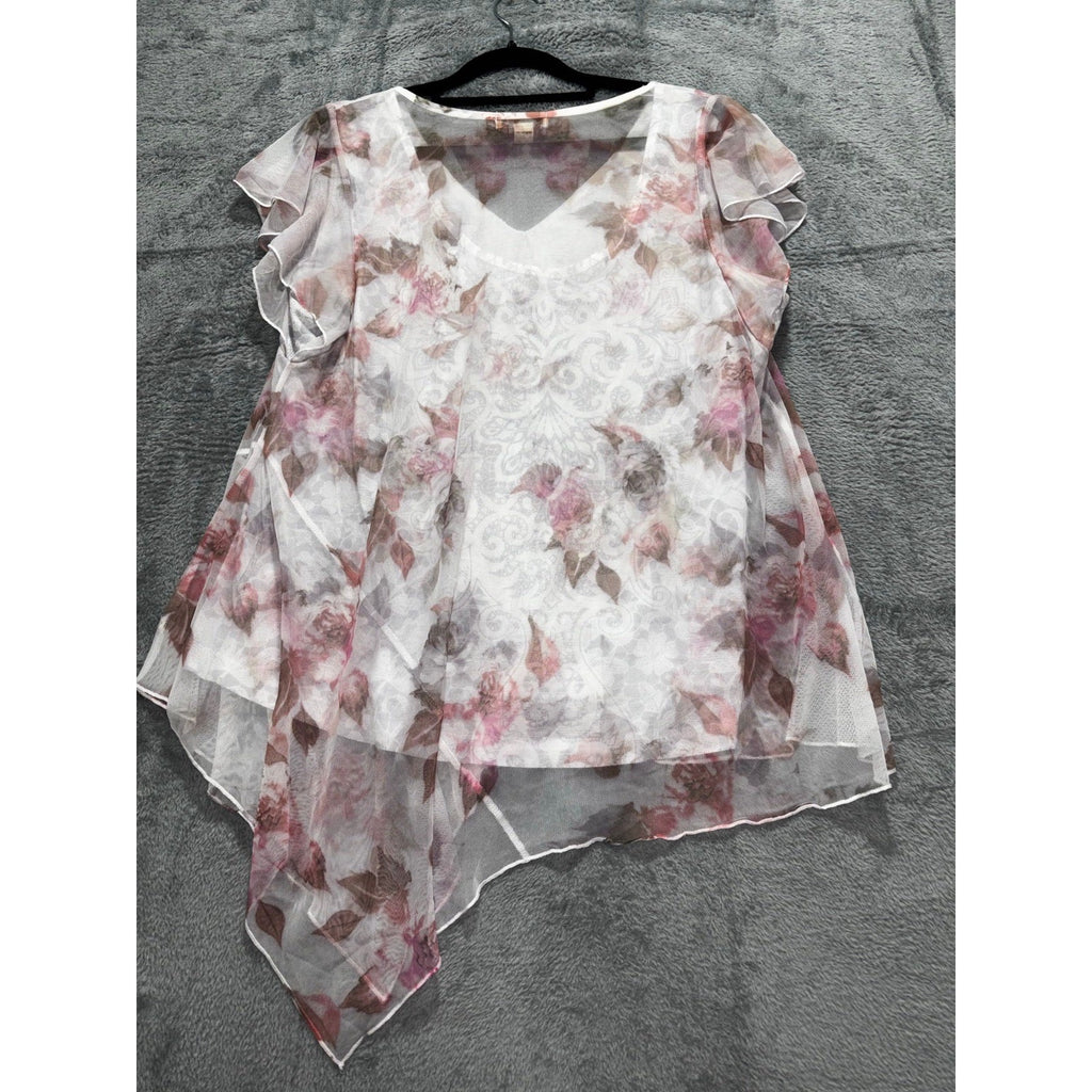 oneworld L Womens White Floral Sheer Chiffon Lace Front Boho Top
