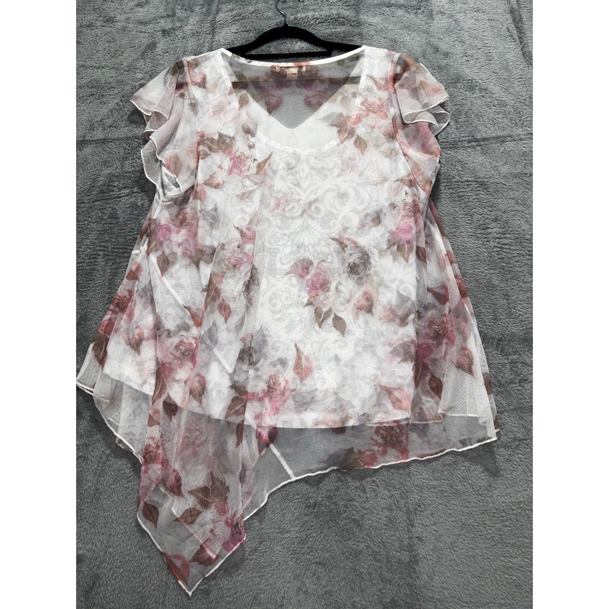 oneworld L Womens White Floral Sheer Chiffon Lace Front Boho Top