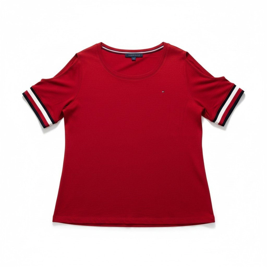 Tommy Hilfiger XL Red Womens Cold Shoulder Short Sleeve Tee Shirt Preppy Casual