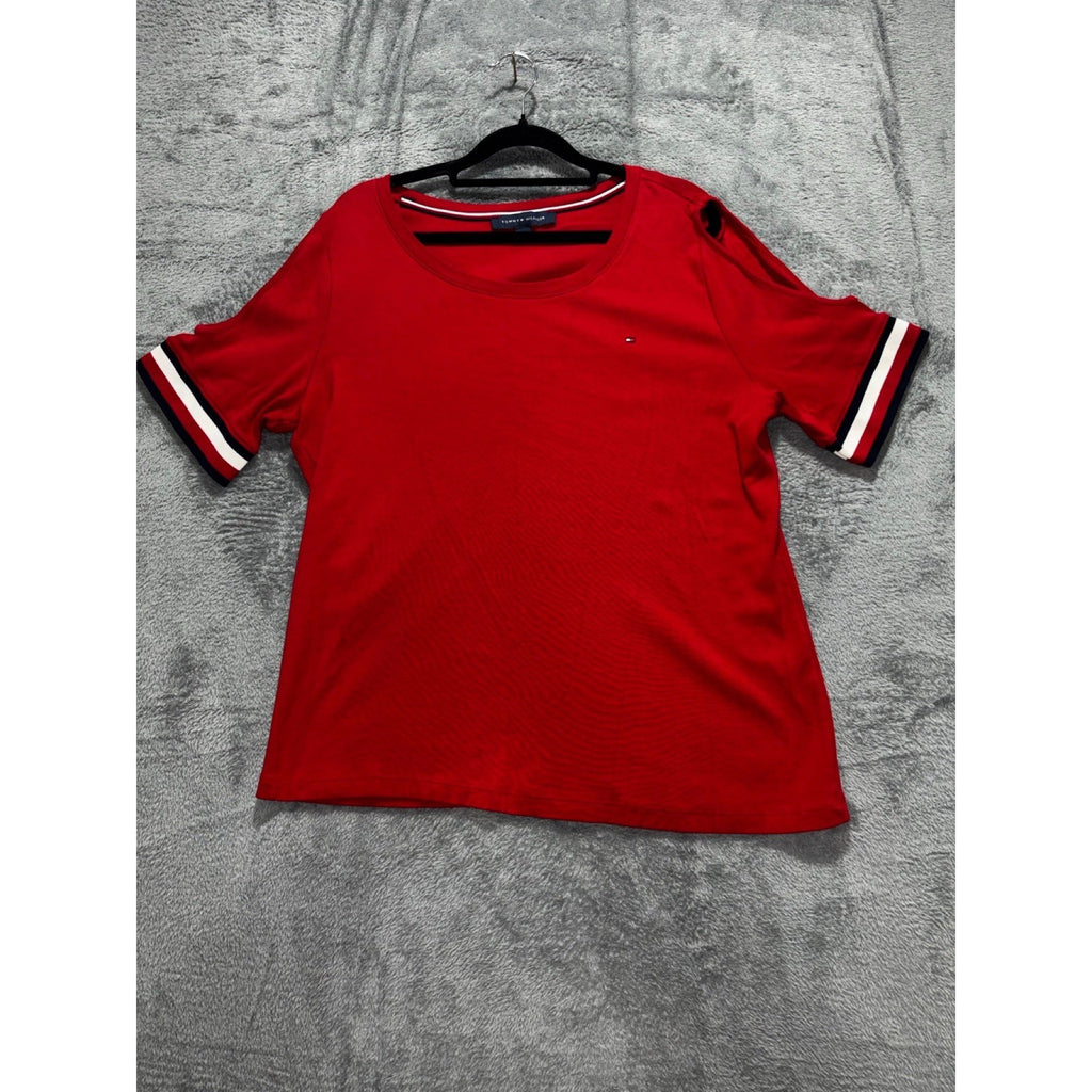 Tommy Hilfiger XL Red Womens Cold Shoulder Short Sleeve Tee Shirt Preppy Casual
