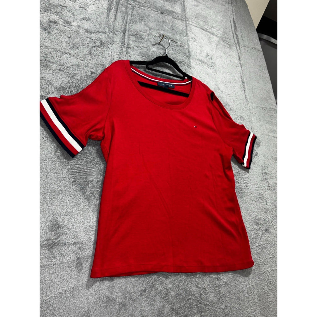 Tommy Hilfiger XL Red Womens Cold Shoulder Short Sleeve Tee Shirt Preppy Casual