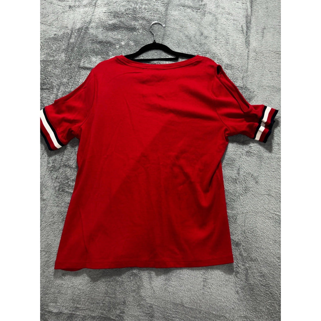 Tommy Hilfiger XL Red Womens Cold Shoulder Short Sleeve Tee Shirt Preppy Casual