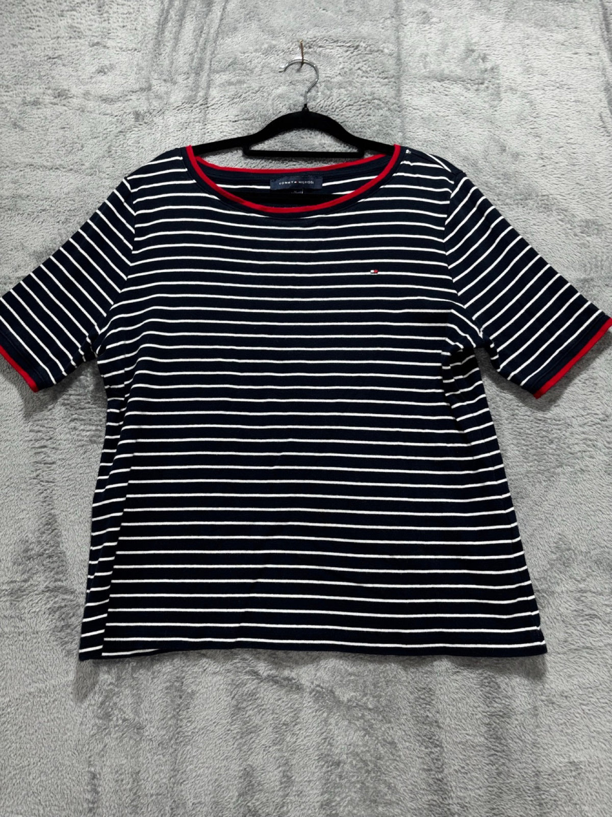 Tommy Hilfiger Womens XL Navy White Red Striped Tee Casual Preppy