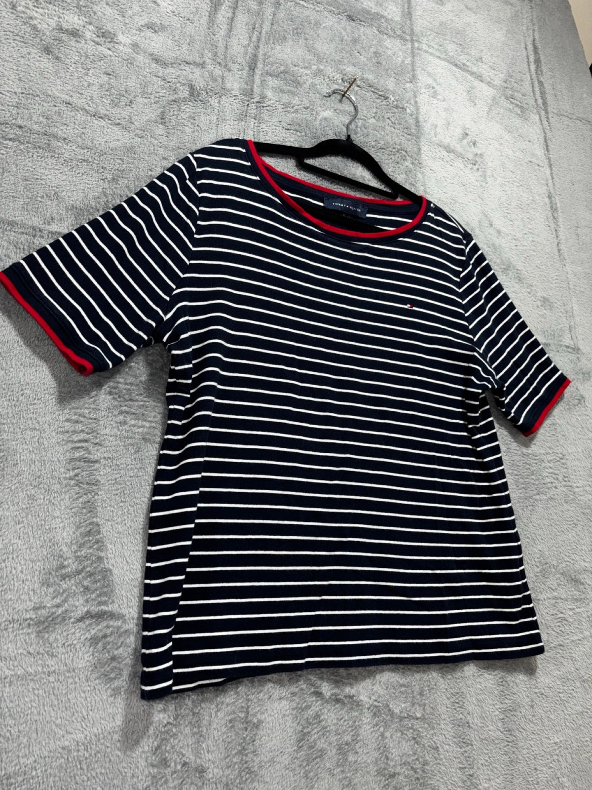 Tommy Hilfiger Womens XL Navy White Red Striped Tee Casual Preppy
