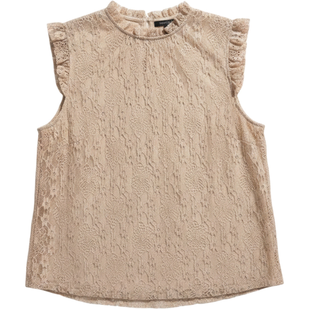 Adrianna Papell Lace Blouse L Beige Romantic Ruffle Sleeve Dressy Top Modest