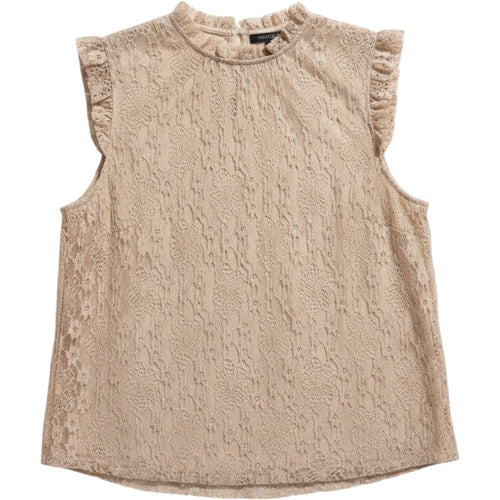 Adrianna Papell Lace Blouse L Beige Romantic Ruffle Sleeve Dressy Top Modest