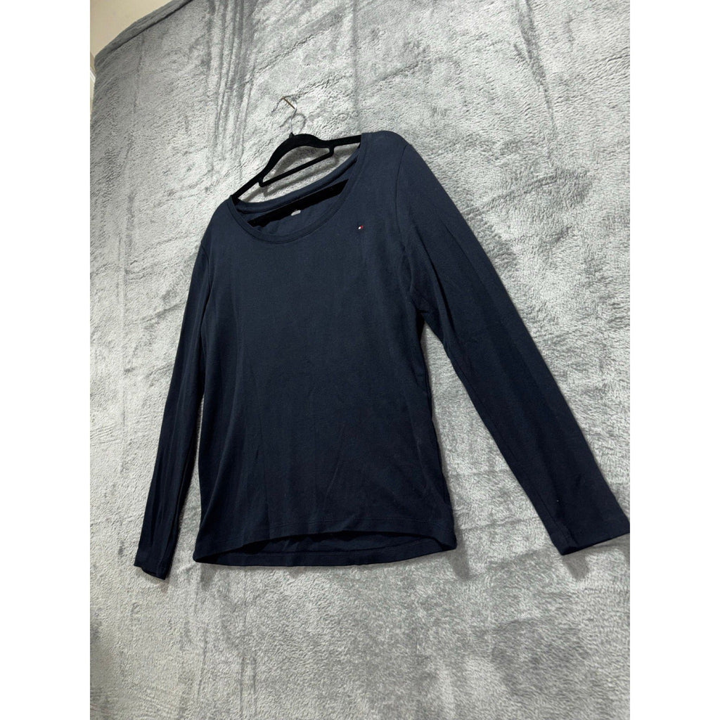 Tommy Hilfiger L Navy Blue Womens Long Sleeve Crewneck Tee Casual Preppy Shirt