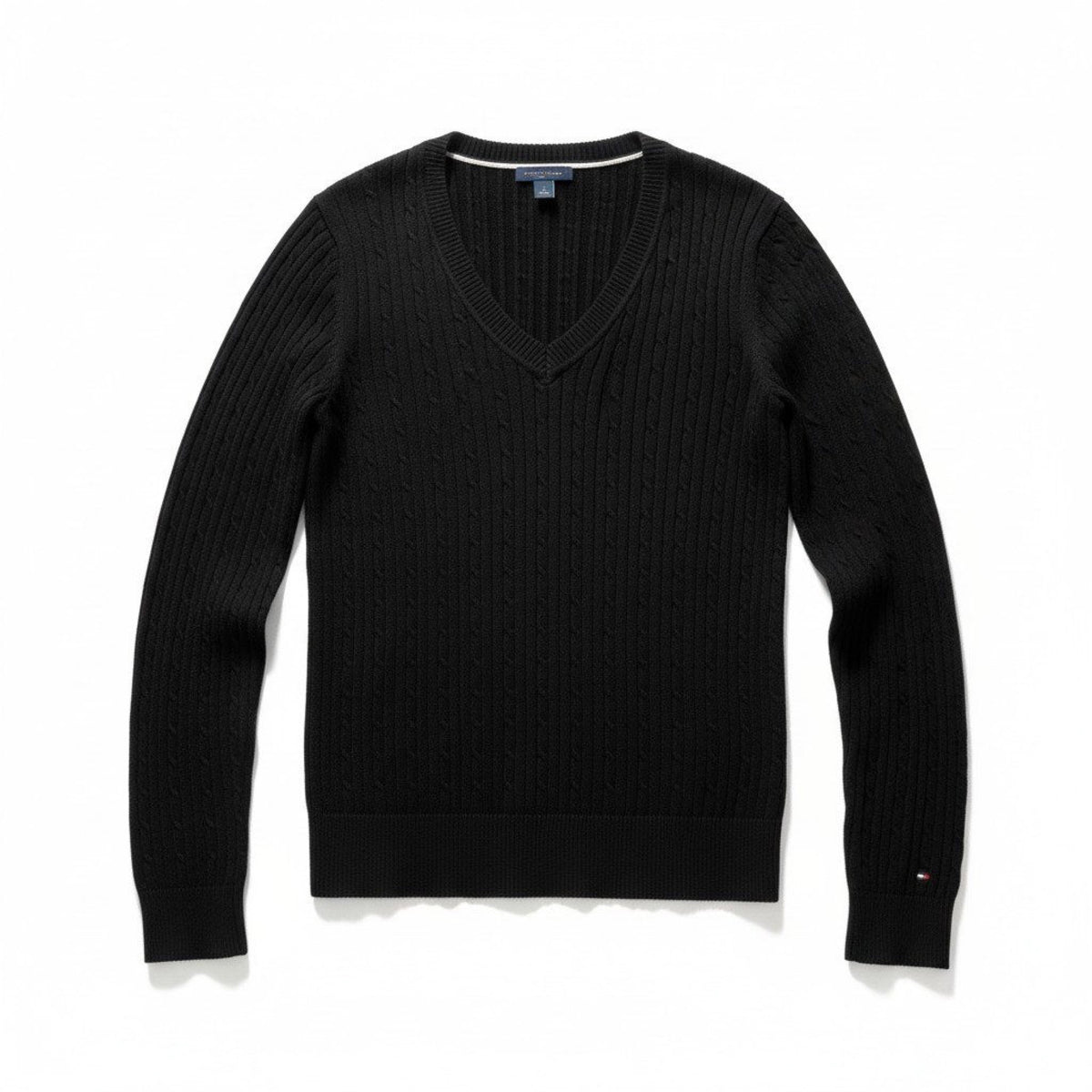 Tommy Hilfiger M Black Cable Knit V-Neck Sweater Womens Preppy Casual