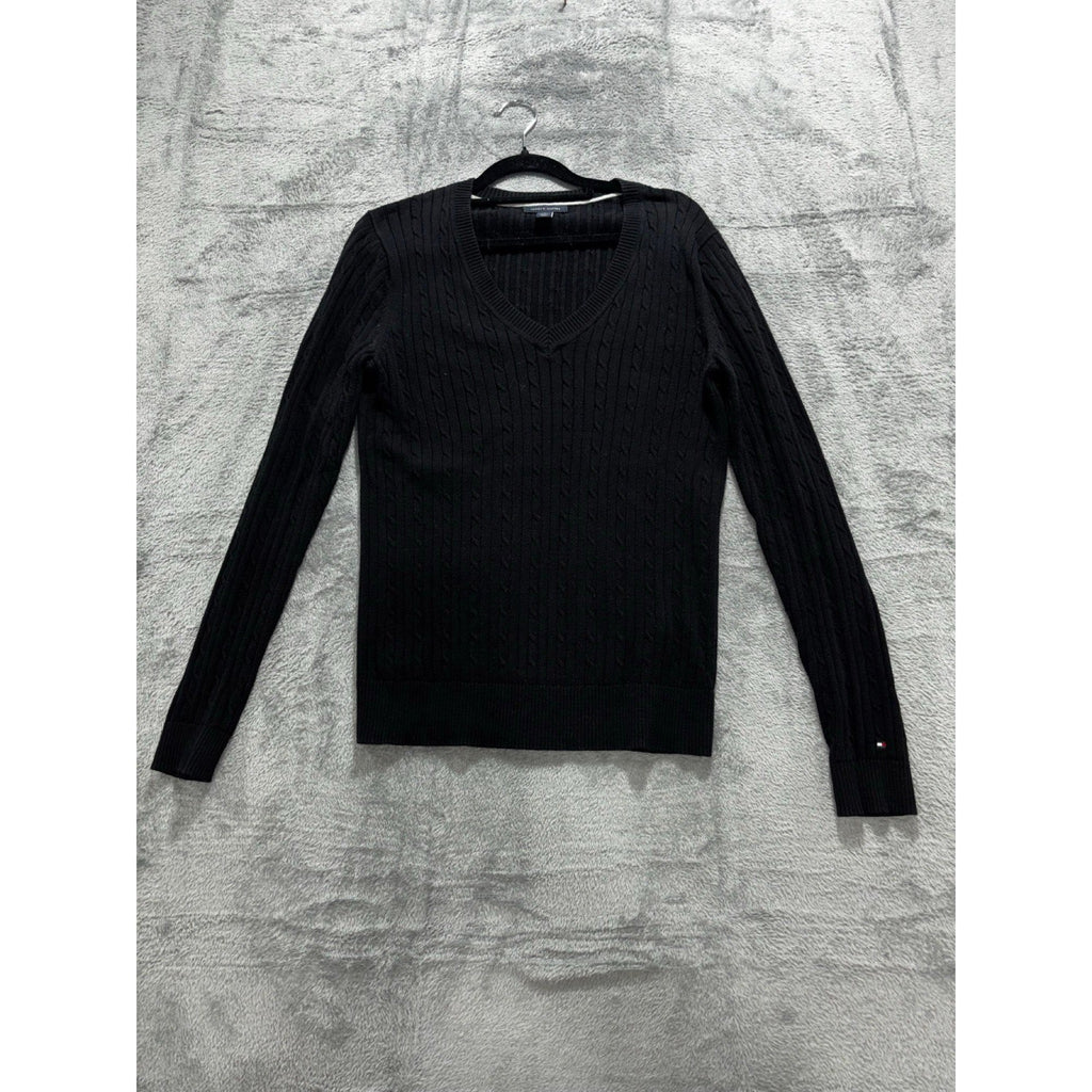 Tommy Hilfiger M Black Cable Knit V-Neck Sweater Womens Preppy Casual