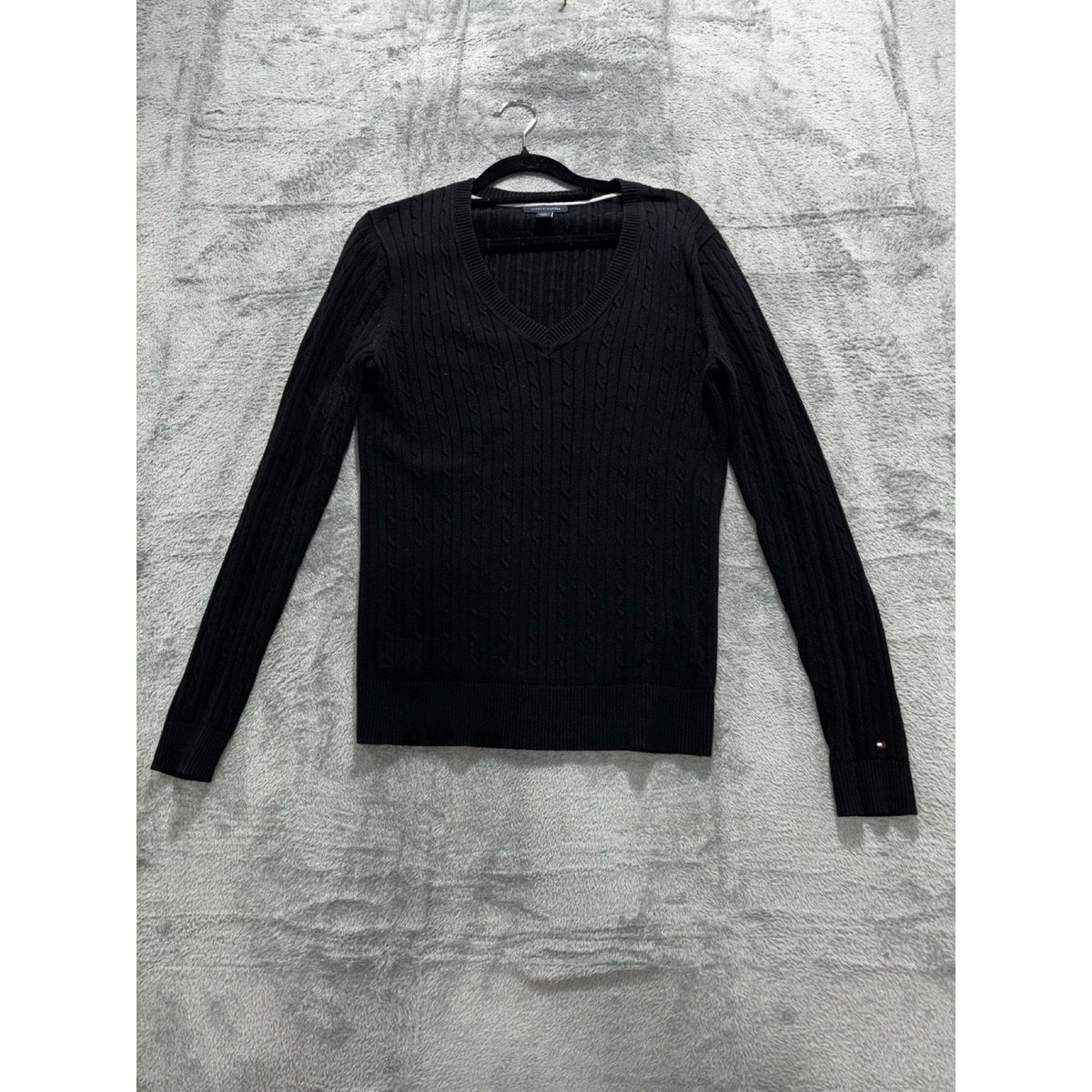 Tommy Hilfiger M Black Cable Knit V-Neck Sweater Womens Preppy Casual