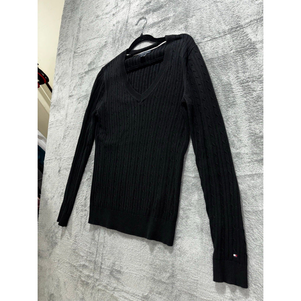 Tommy Hilfiger M Black Cable Knit V-Neck Sweater Womens Preppy Casual