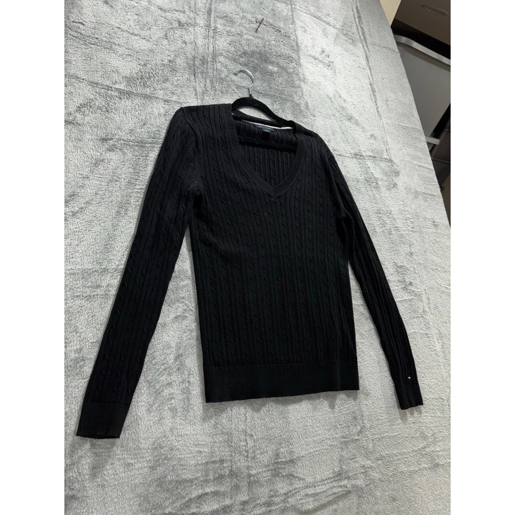 Tommy Hilfiger M Black Cable Knit V-Neck Sweater Womens Preppy Casual