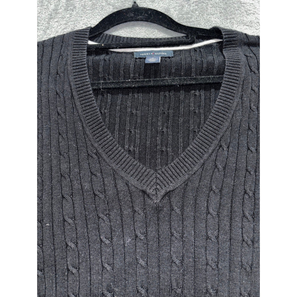 Tommy Hilfiger M Black Cable Knit V-Neck Sweater Womens Preppy Casual