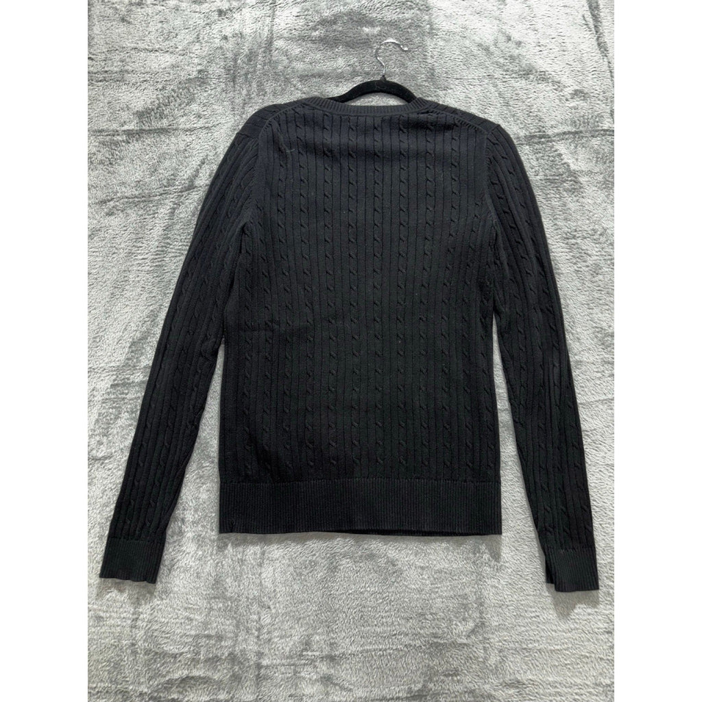 Tommy Hilfiger M Black Cable Knit V-Neck Sweater Womens Preppy Casual