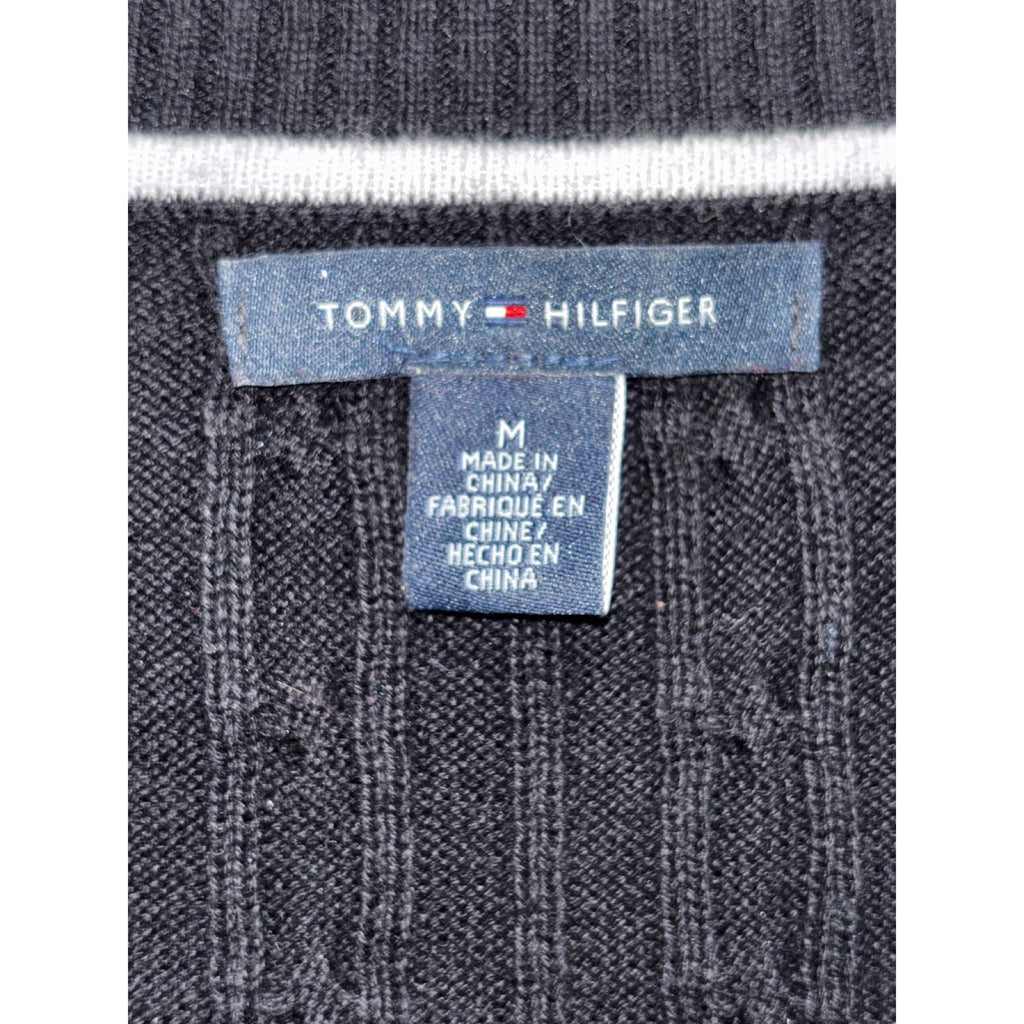 Tommy Hilfiger M Black Cable Knit V-Neck Sweater Womens Preppy Casual