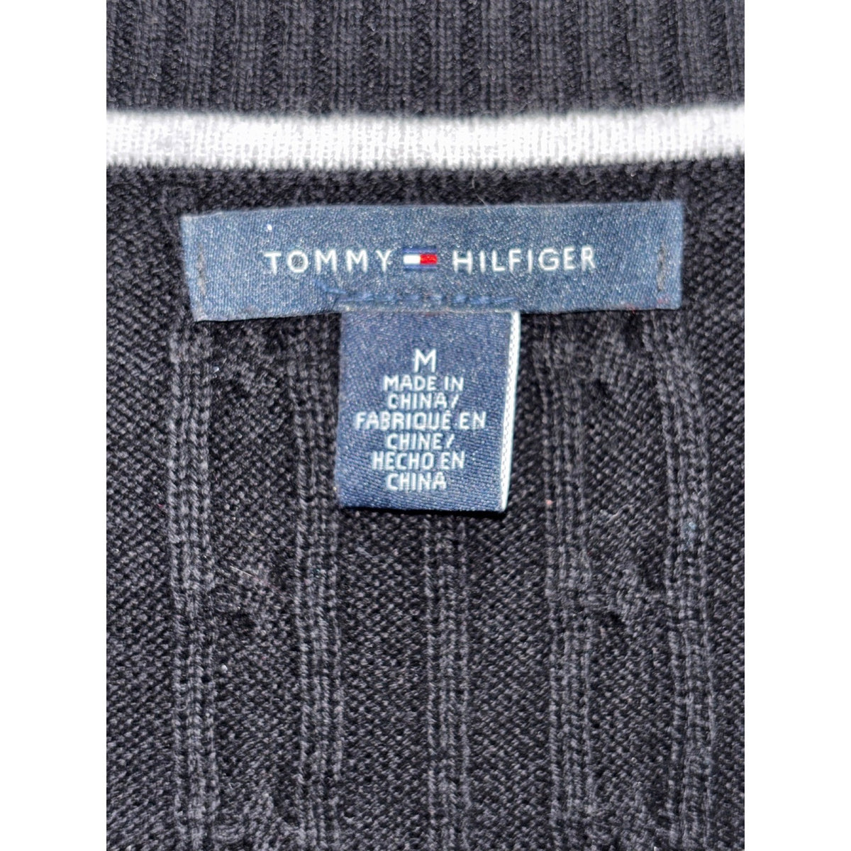 Tommy Hilfiger M Black Cable Knit V-Neck Sweater Womens Preppy Casual