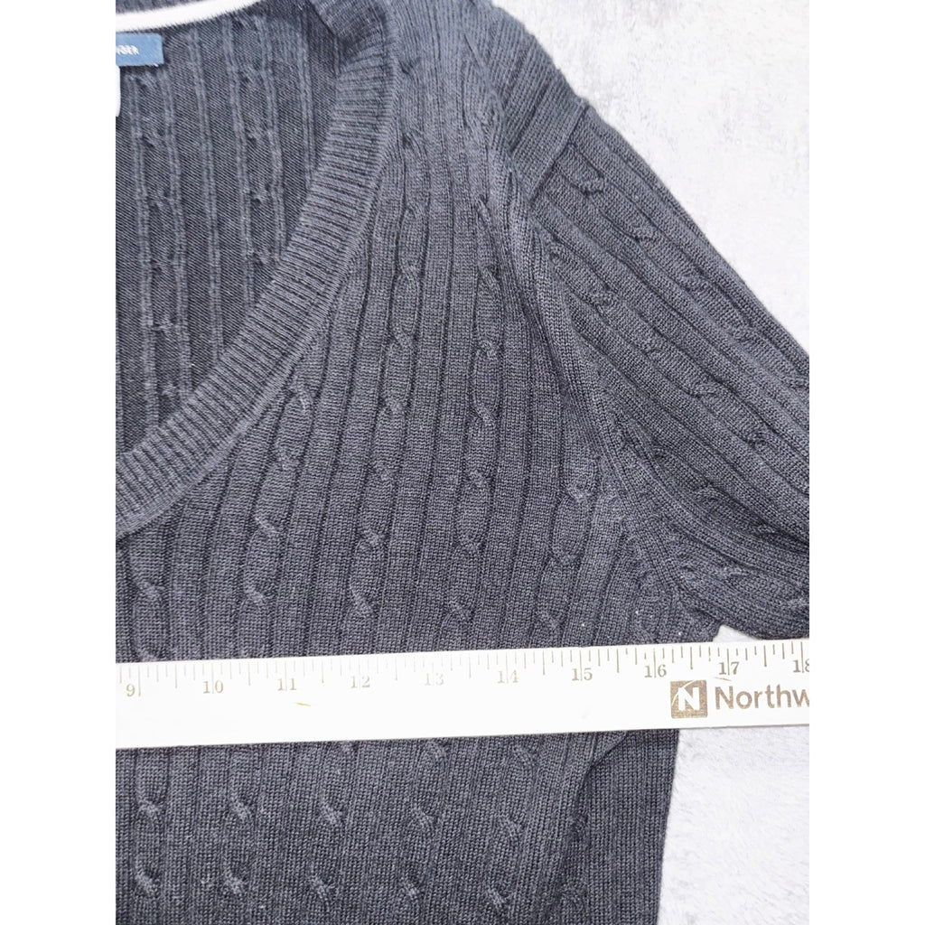 Tommy Hilfiger M Black Cable Knit V-Neck Sweater Womens Preppy Casual