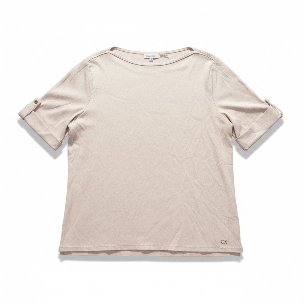 Calvin Klein XL Womens Pale Pink Boatneck Roll-Tab Tee Casual Preppy Shirt Top