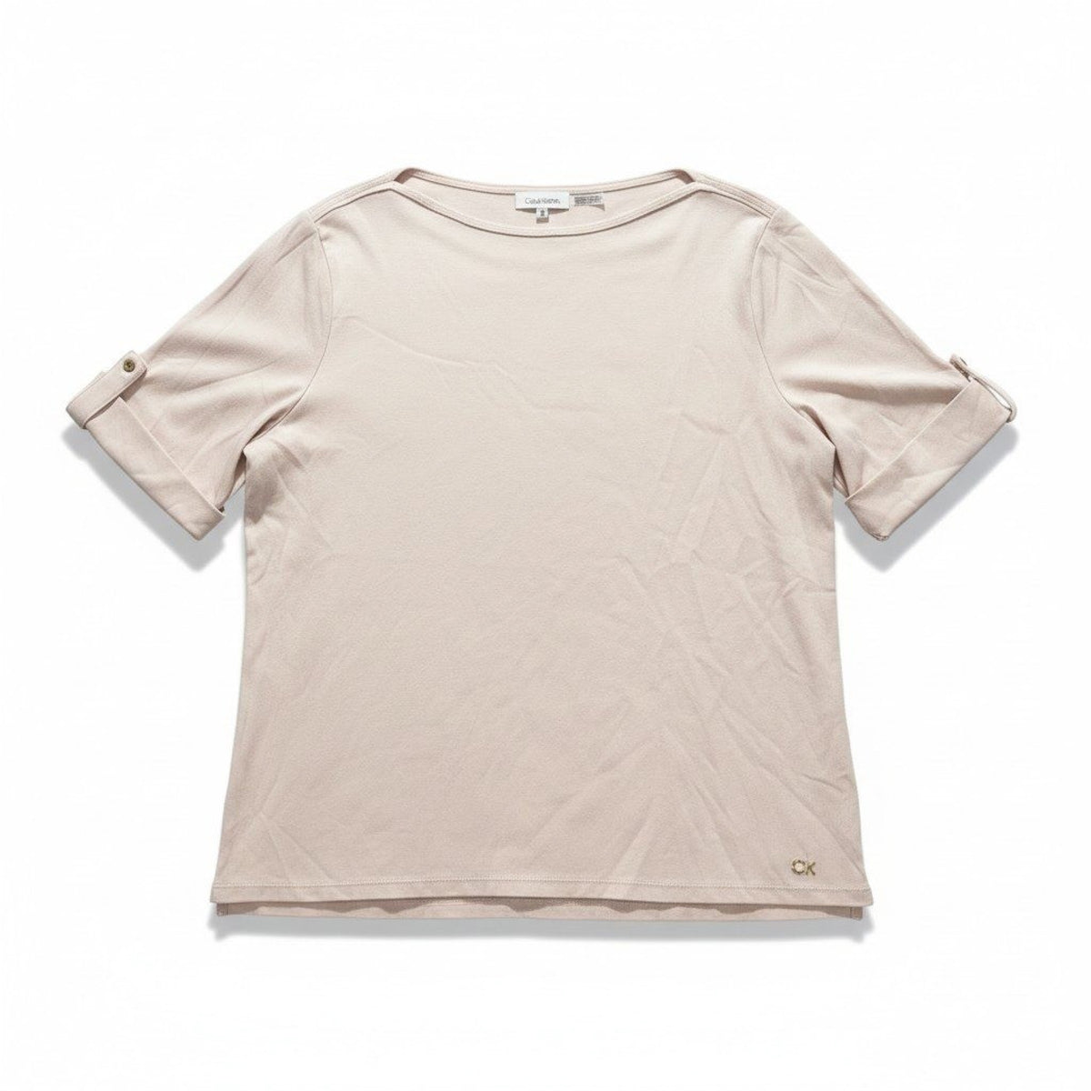 Calvin Klein XL Womens Pale Pink Boatneck Roll-Tab Tee Casual Preppy Shirt Top