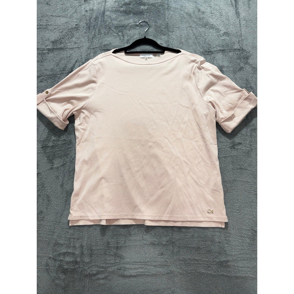 Calvin Klein XL Womens Pale Pink Boatneck Roll-Tab Tee Casual Preppy Shirt Top