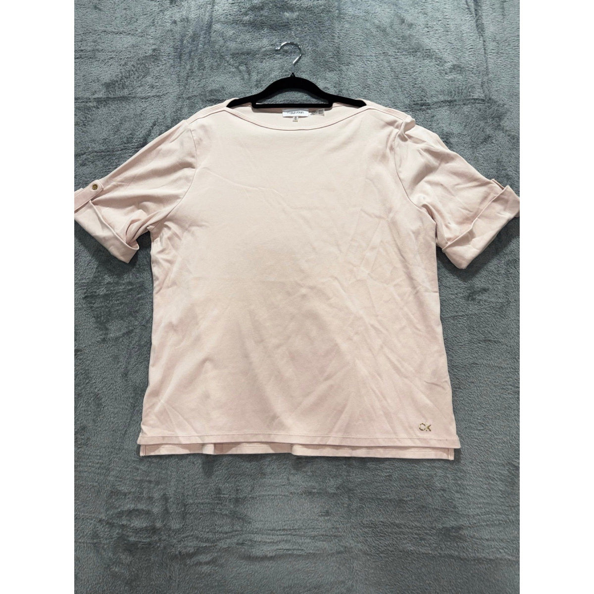 Calvin Klein XL Womens Pale Pink Boatneck Roll-Tab Tee Casual Preppy Shirt Top