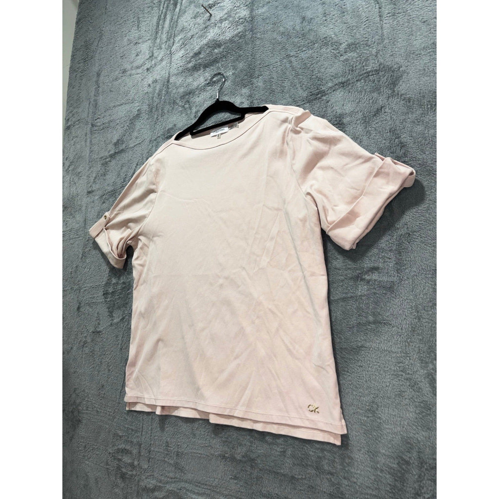 Calvin Klein XL Womens Pale Pink Boatneck Roll-Tab Tee Casual Preppy Shirt Top