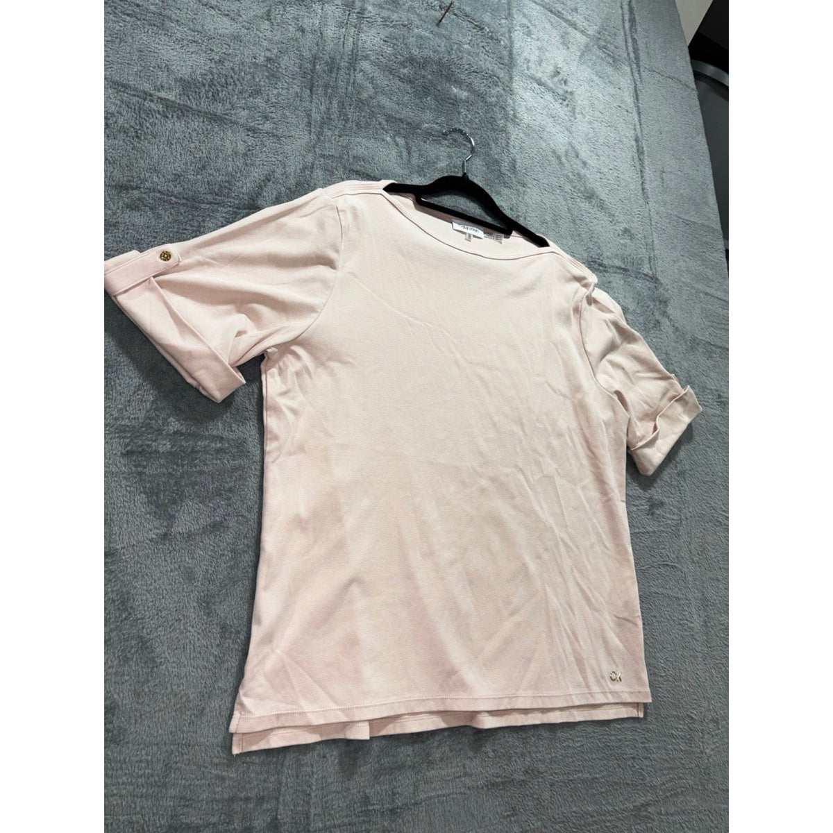 Calvin Klein XL Womens Pale Pink Boatneck Roll-Tab Tee Casual Preppy Shirt Top
