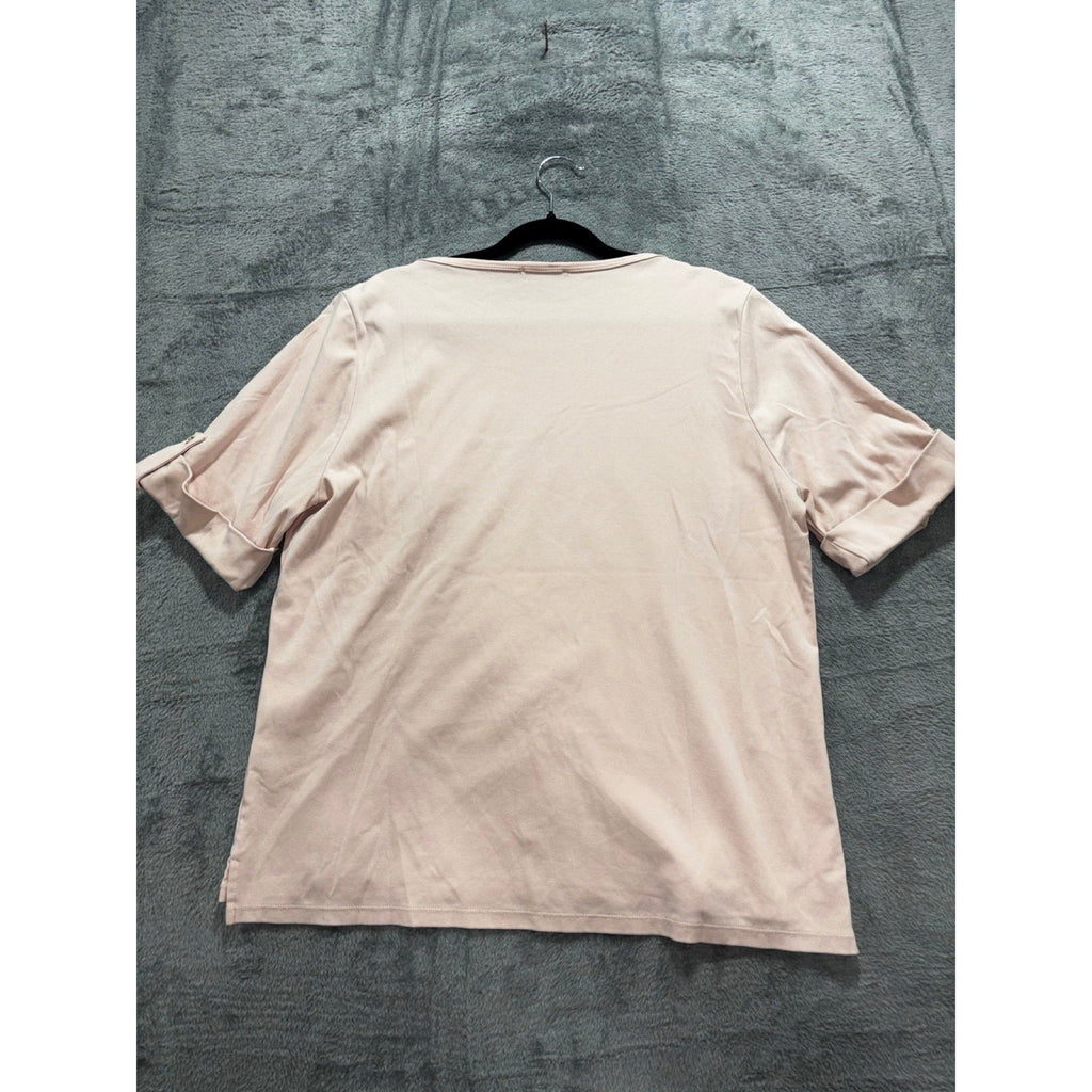 Calvin Klein XL Womens Pale Pink Boatneck Roll-Tab Tee Casual Preppy Shirt Top