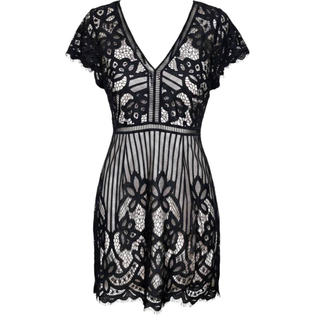 Boohoo Womens US 6 Black Lace V-Neck Mini Dress Sheer Overlay Party Dark Goth