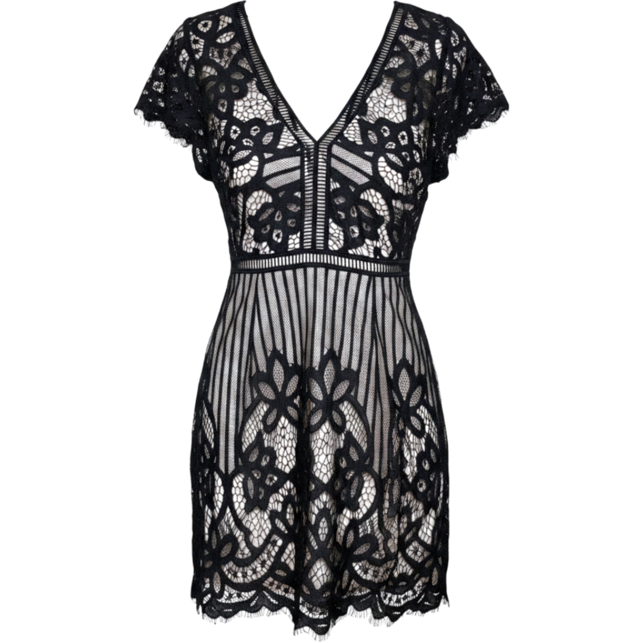 Boohoo Womens US 6 Black Lace V-Neck Mini Dress Sheer Overlay Party Dark Goth