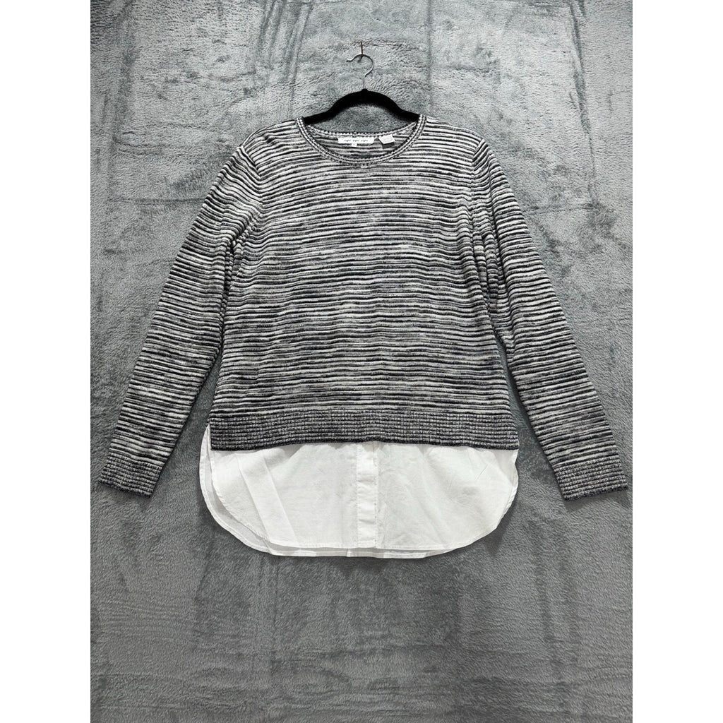 eight eight eight L Womens Black White Striped Layered Crewneck Sweater Casual