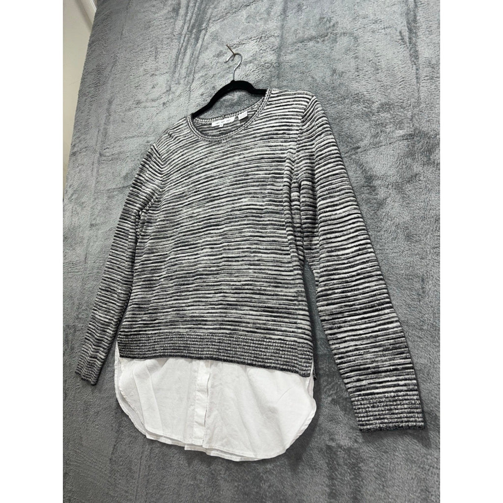 eight eight eight L Womens Black White Striped Layered Crewneck Sweater Casual