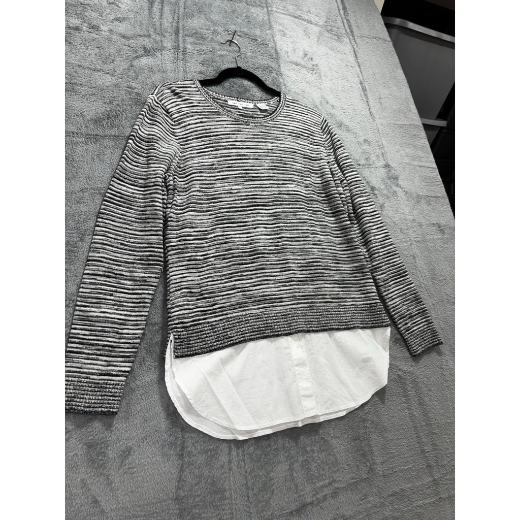 eight eight eight L Womens Black White Striped Layered Crewneck Sweater Casual