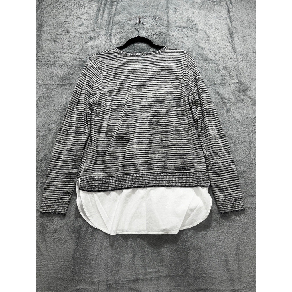 eight eight eight L Womens Black White Striped Layered Crewneck Sweater Casual