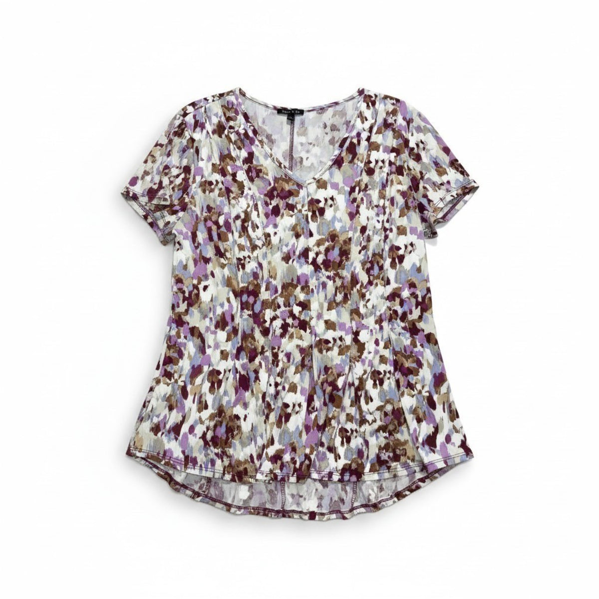 Sami & Jo L Womens Purple Floral Abstract V-Neck Short Sleeve Top Boho Casual