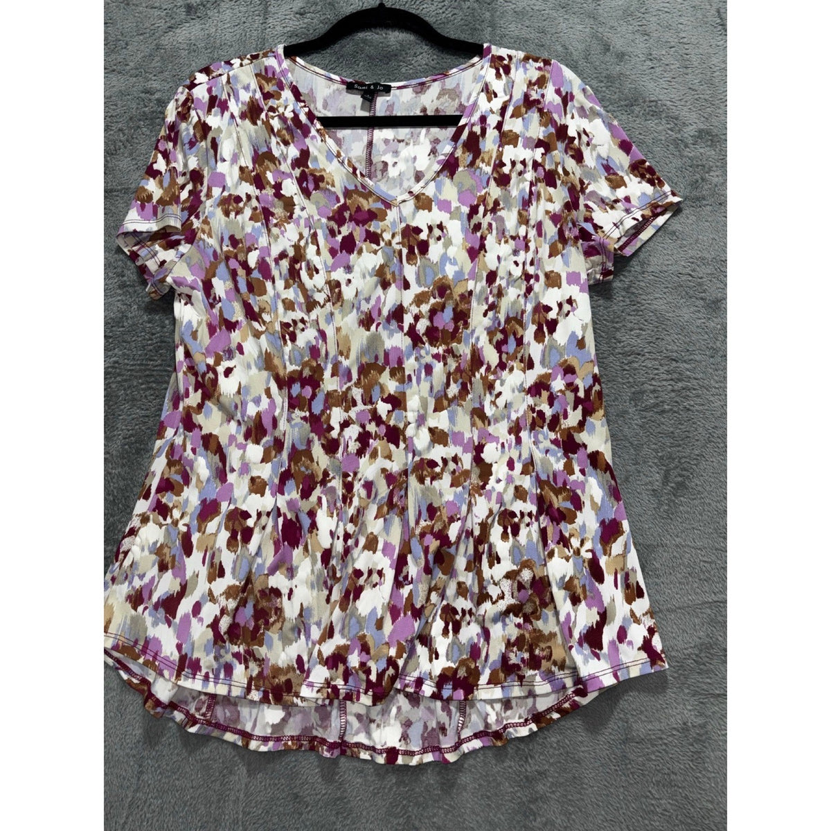 Sami & Jo L Womens Purple Floral Abstract V-Neck Short Sleeve Top Boho Casual