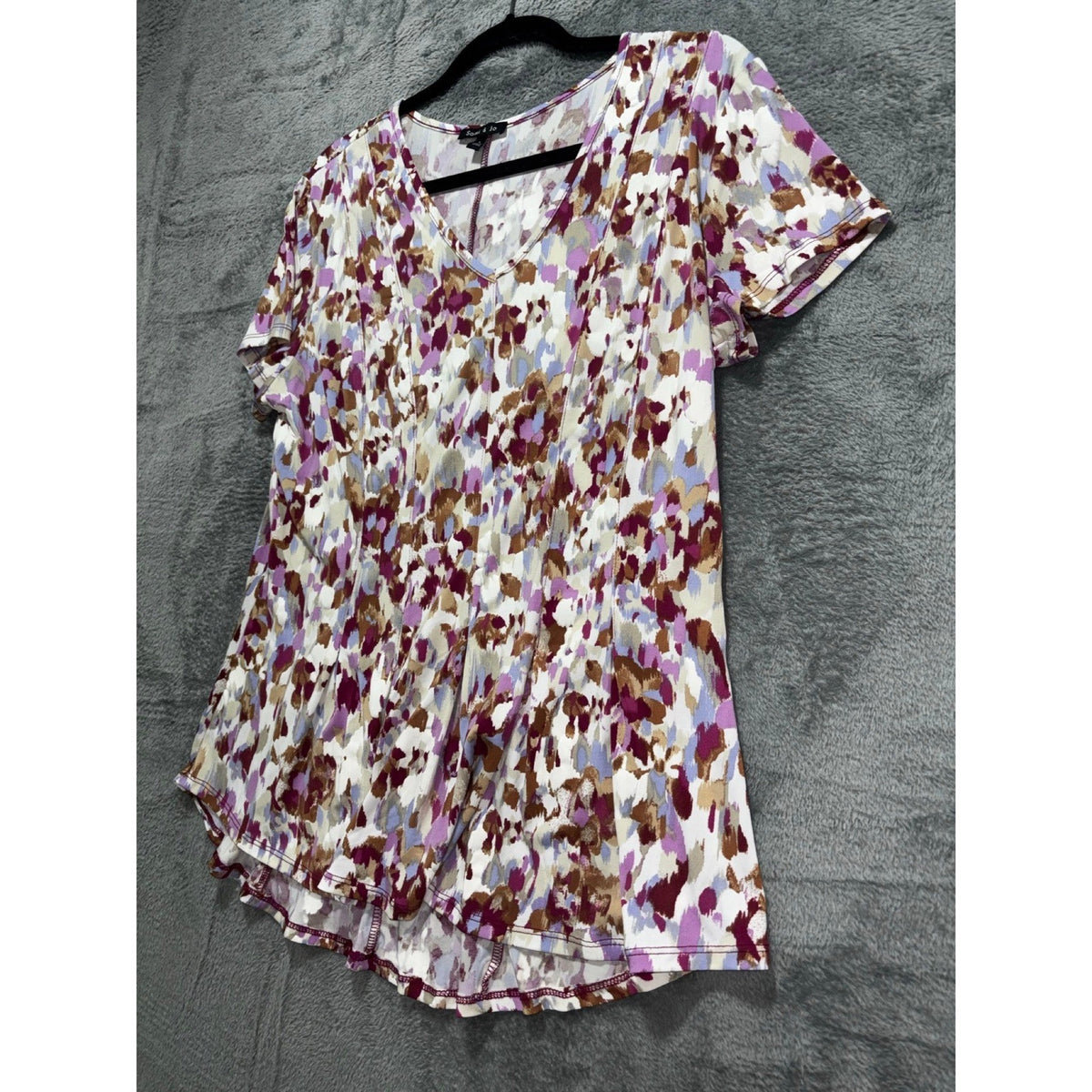 Sami & Jo L Womens Purple Floral Abstract V-Neck Short Sleeve Top Boho Casual