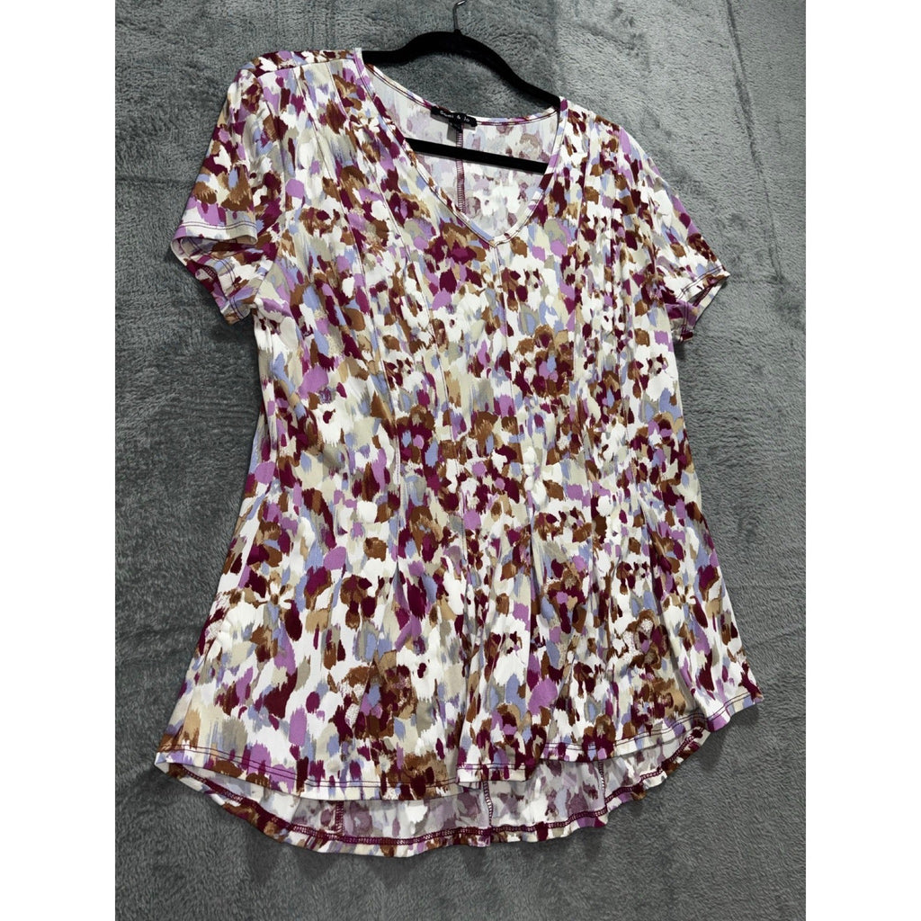Sami & Jo L Womens Purple Floral Abstract V-Neck Short Sleeve Top Boho Casual