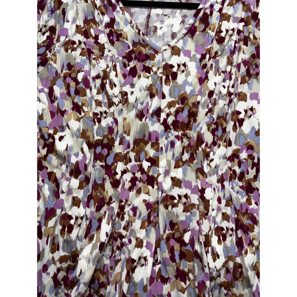 Sami & Jo L Womens Purple Floral Abstract V-Neck Short Sleeve Top Boho Casual