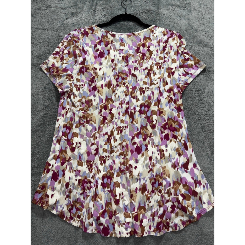 Sami & Jo L Womens Purple Floral Abstract V-Neck Short Sleeve Top Boho Casual