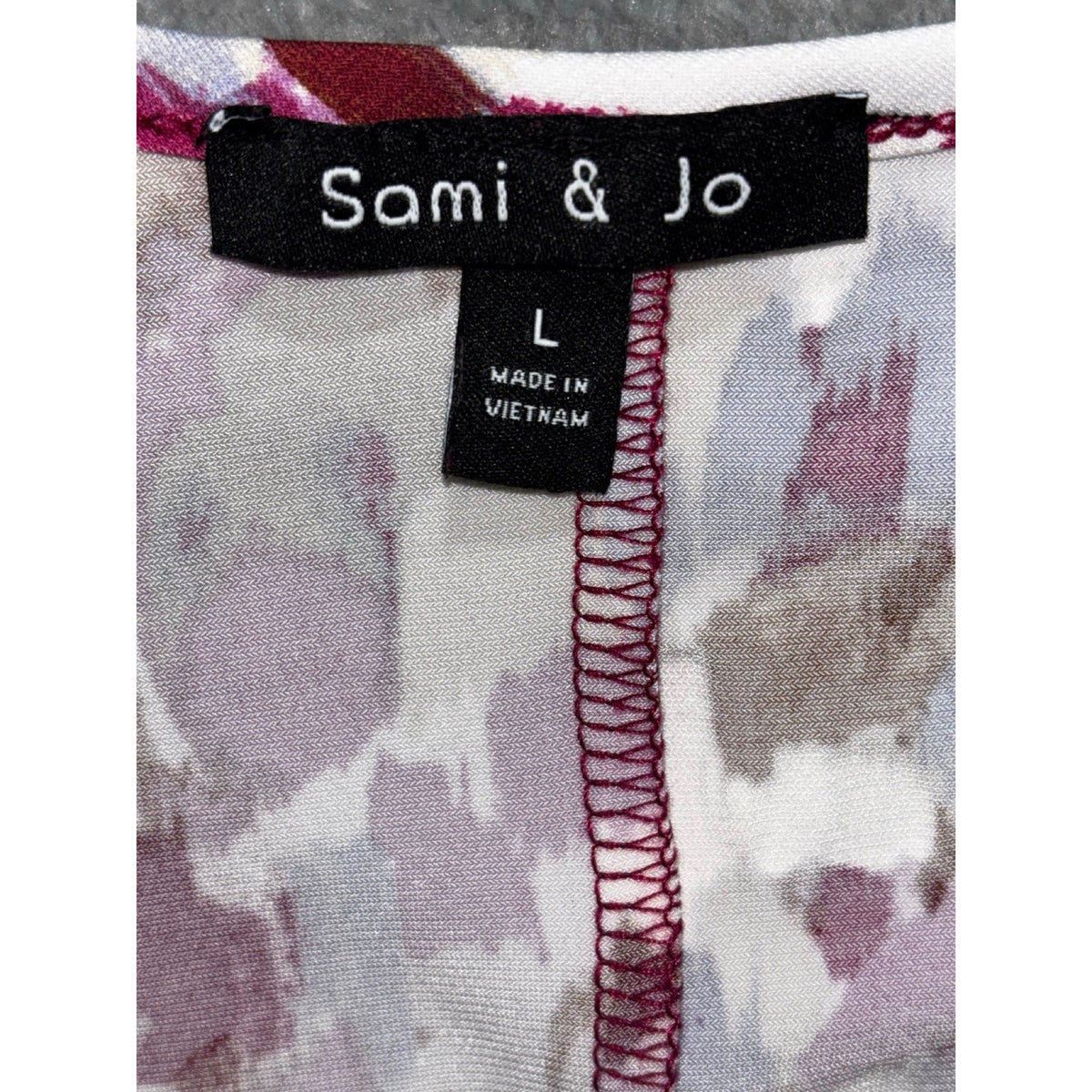 Sami & Jo L Womens Purple Floral Abstract V-Neck Short Sleeve Top Boho Casual