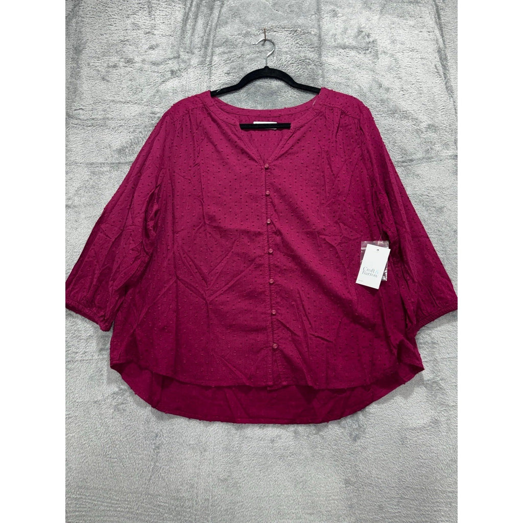 Croft & Barrow Womens XLP Pink Swiss Dot Button Front Blouse Boho Casual NEW