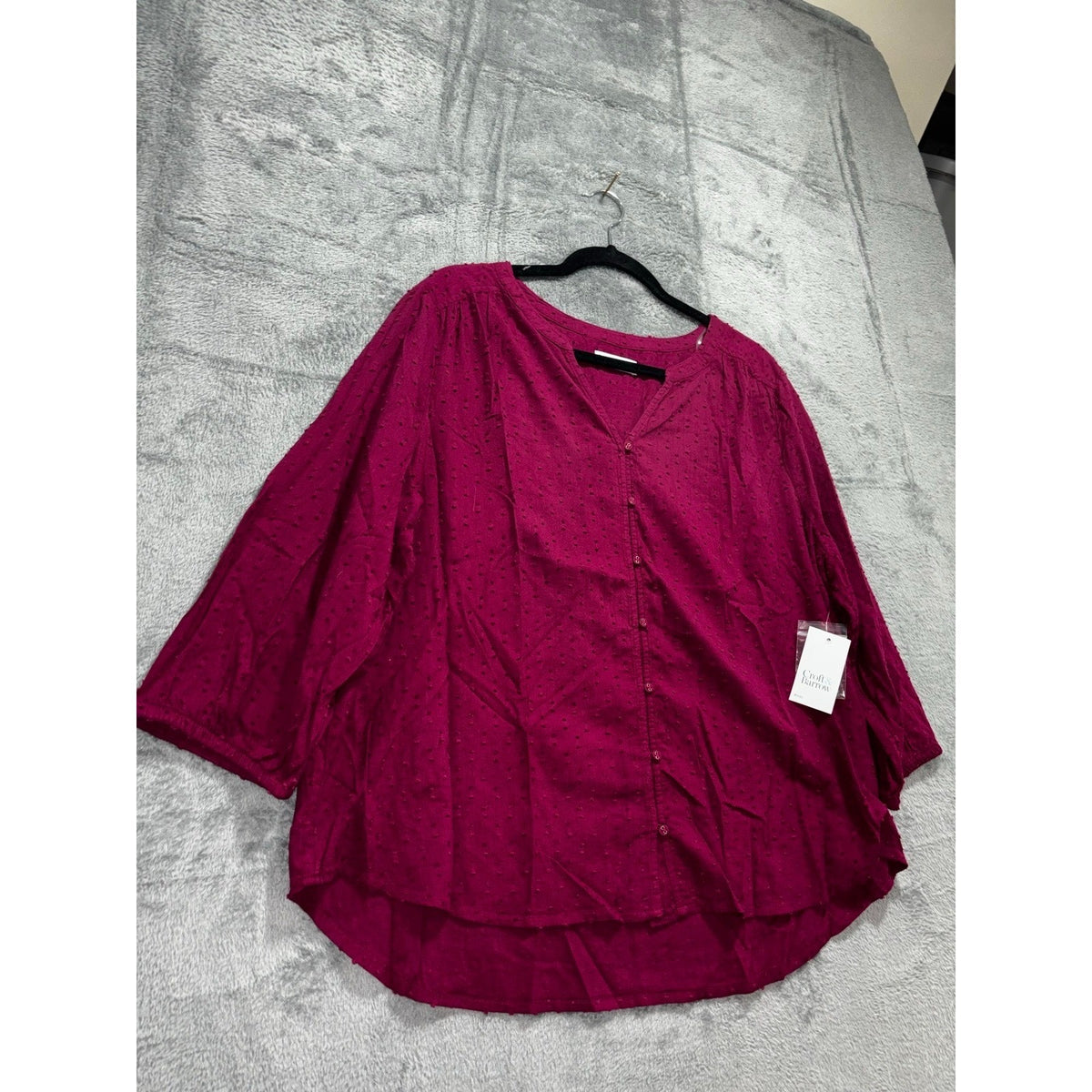 Croft & Barrow Womens XLP Pink Swiss Dot Button Front Blouse Boho Casual NEW