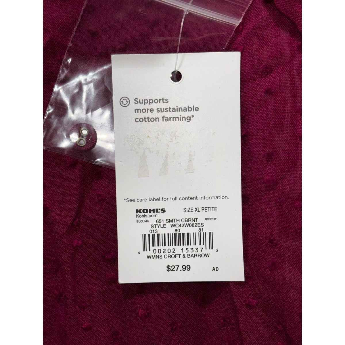 Croft & Barrow Womens XLP Pink Swiss Dot Button Front Blouse Boho Casual NEW