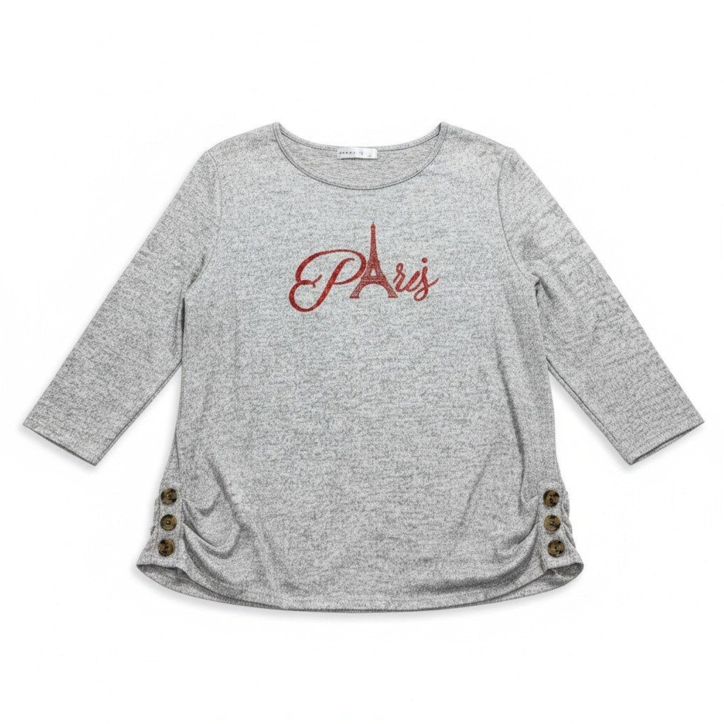 Retrelogy XL Womens Gray Paris Eiffel Tower Graphic 3/4 Sleeve Top Casual Cozy