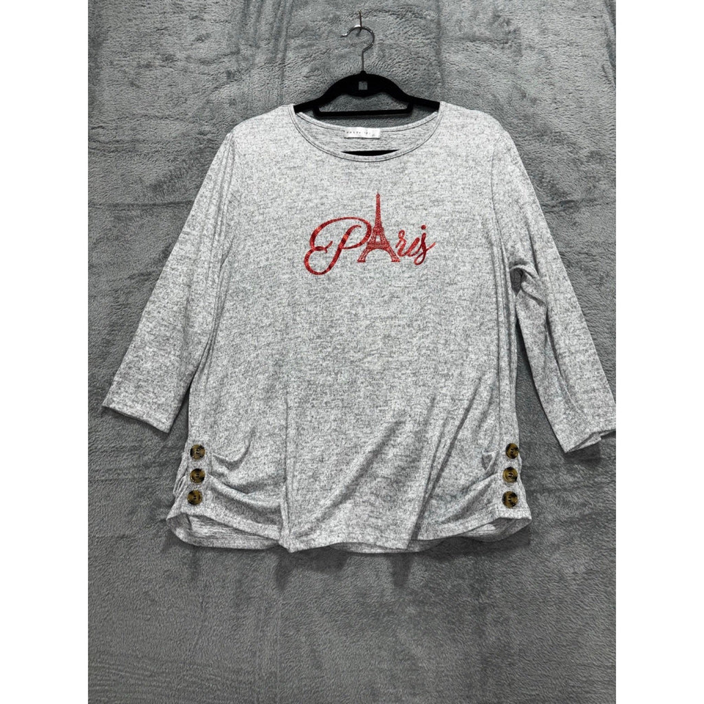 Retrelogy XL Womens Gray Paris Eiffel Tower Graphic 3/4 Sleeve Top Casual Cozy